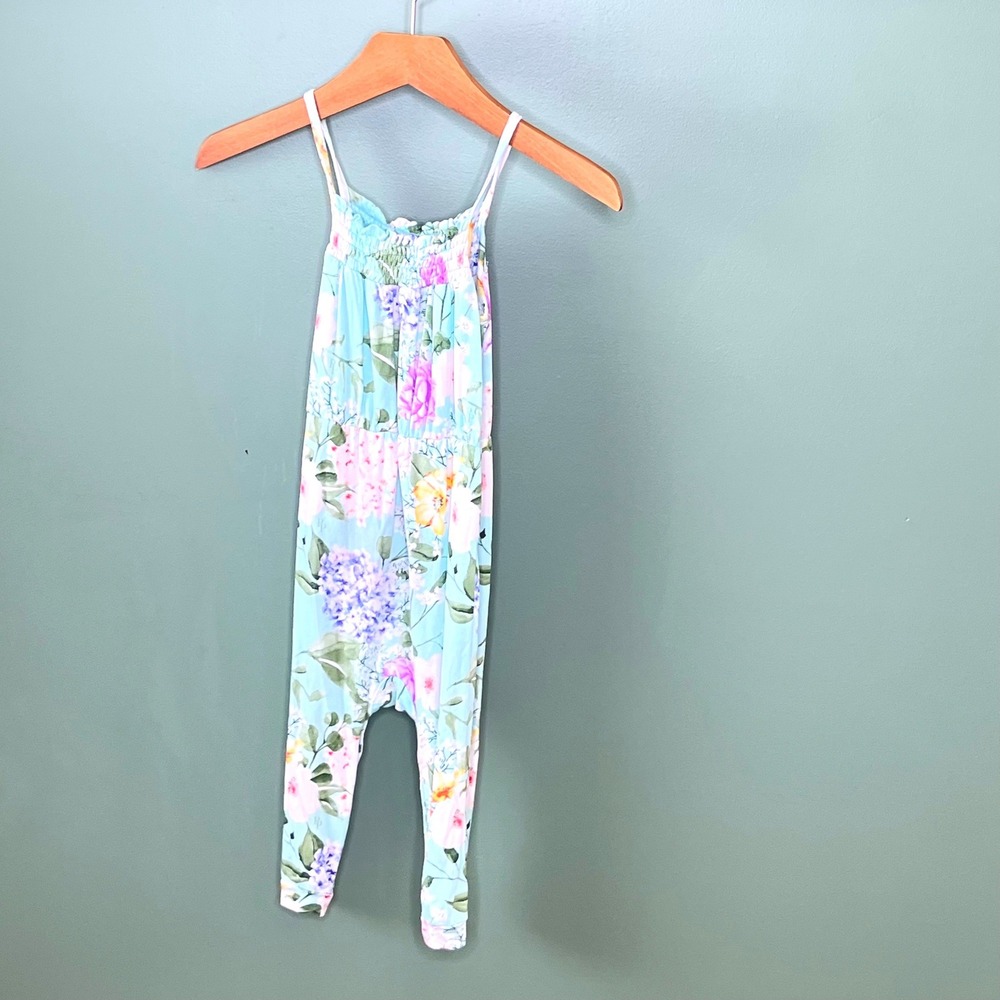 Posh Peanut Floral Bamboo Smocked Romper Aqua Purple 18-24M Jumpsuit Snaps